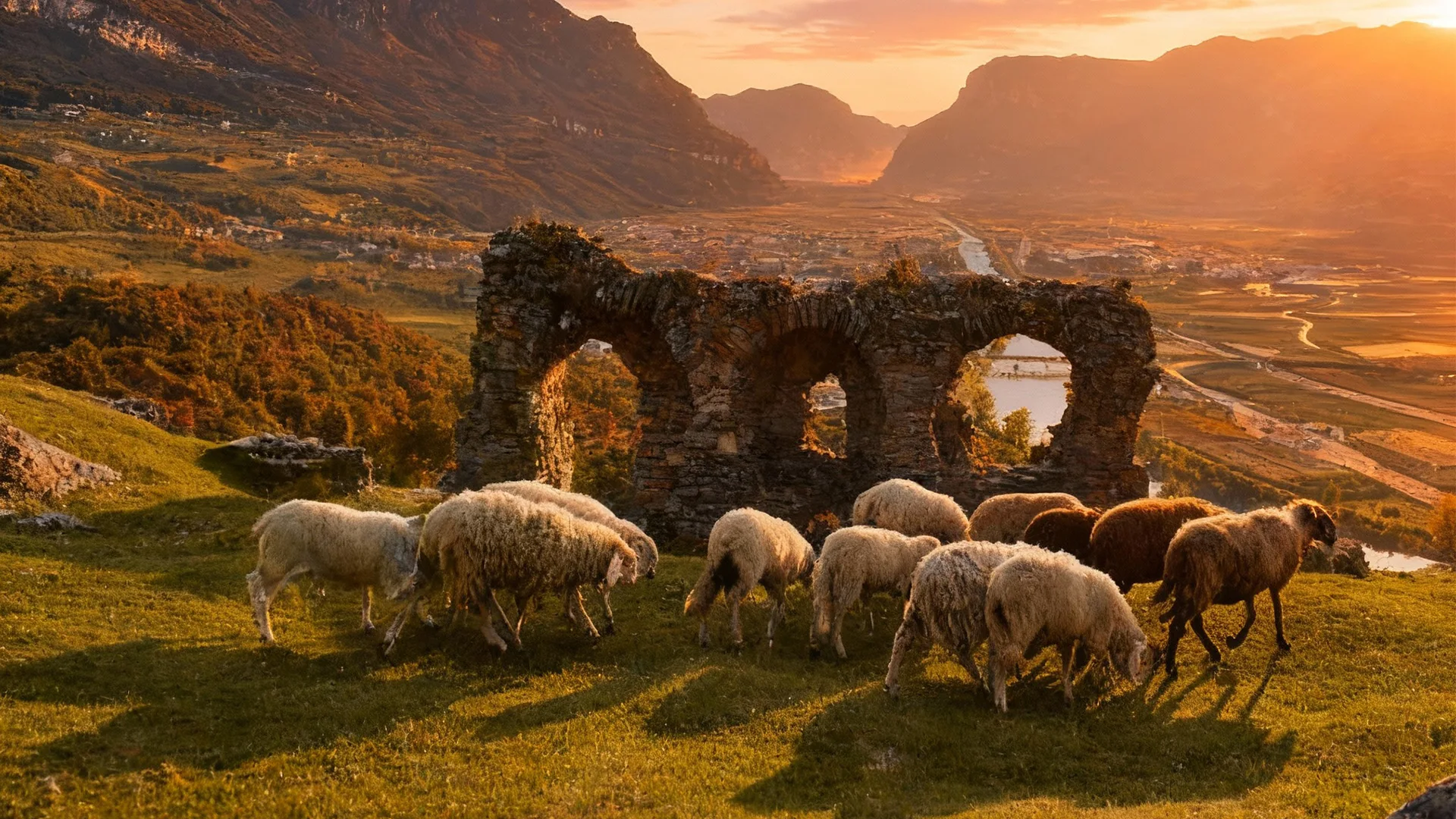 Steinbögen von Castelfeder mit Schafen und Blick ins Tal