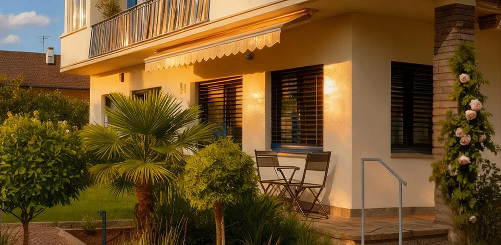 Fassade des Rauchhofs mit Sitzplatz und Garten im Abendlicht