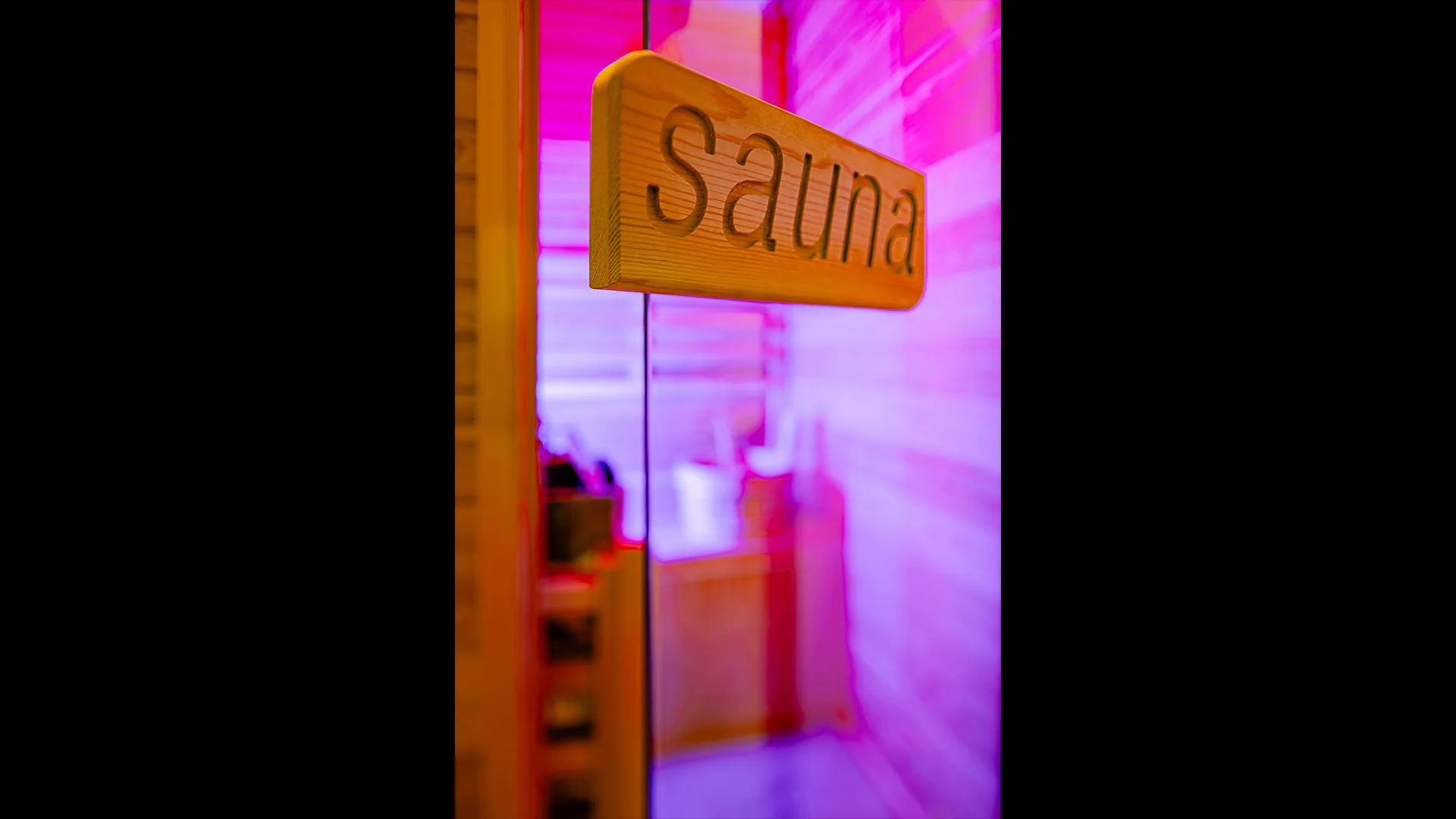 View of the illuminated private sauna